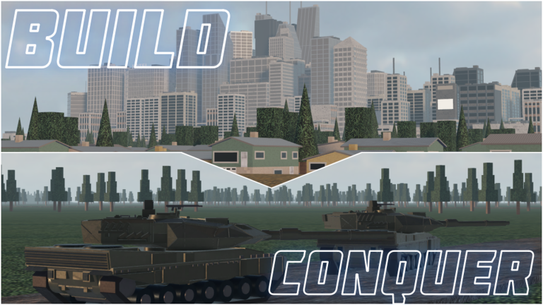 Official thumbnail: a gray Roblox skyline above two olive tanks, with BUILD and CONQUER in outlined type.